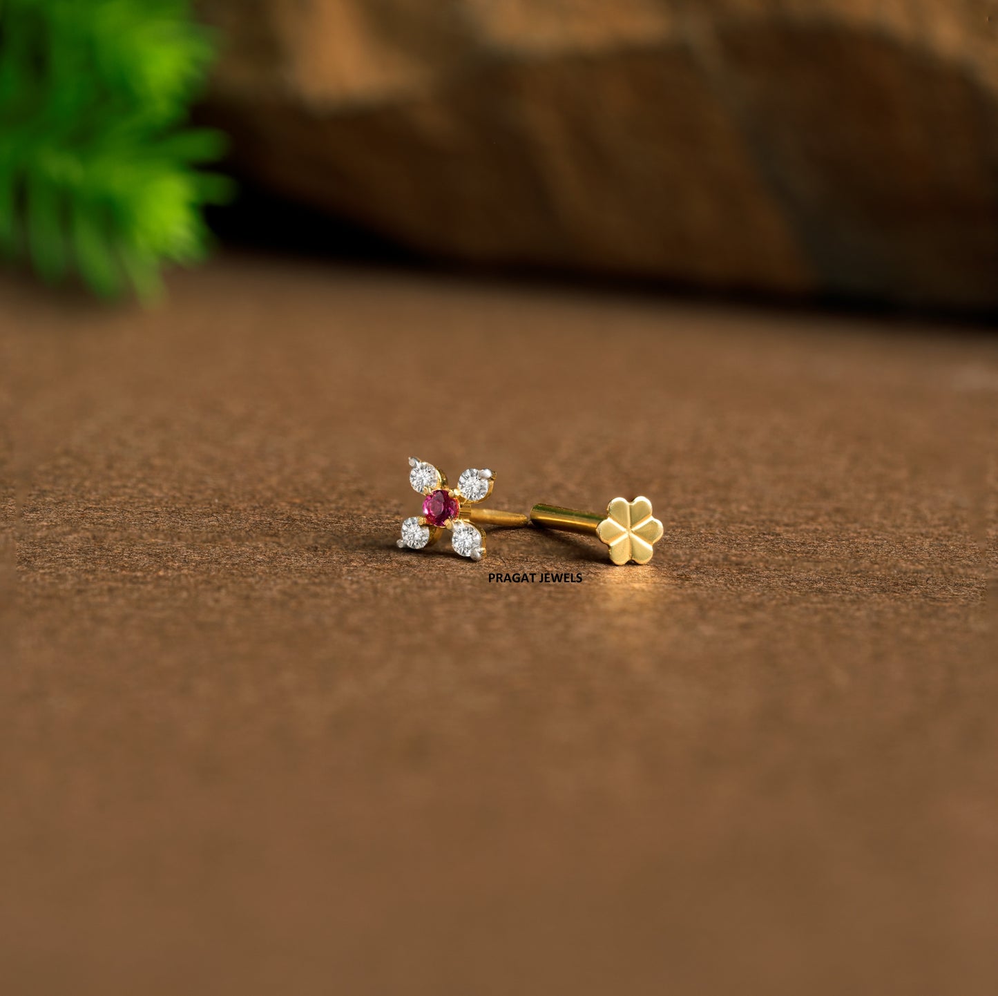Yellow Gold Floral Red Diamond Nose Pin/Ruby Stone Nose stud NP0770