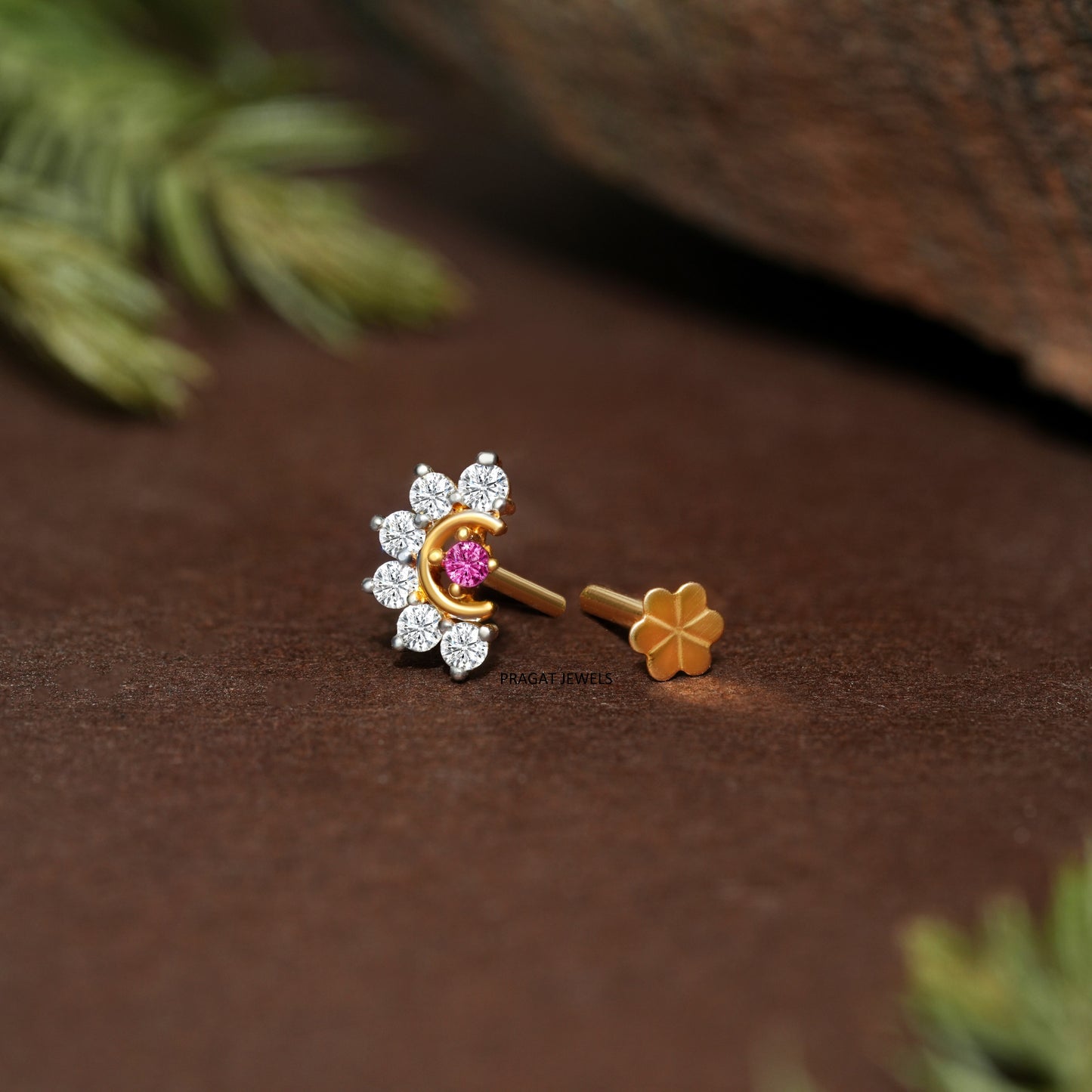 Ruby & Diamonds Bloom Gold Nose Stud/Floral Diamond Gold Nose Pin/Royal Ruby Floral Nose Pin/NP1320