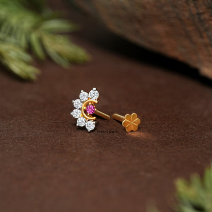 Ruby & Diamonds Bloom Gold Nose Stud/Floral Diamond Gold Nose Pin/Royal Ruby Floral Nose Pin/NP1320