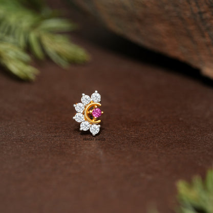 Ruby & Diamonds Bloom Gold Nose Stud/Floral Diamond Gold Nose Pin/Royal Ruby Floral Nose Pin/NP1320