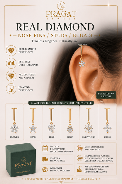 "18K Gold Diamond Helix Bugadi | Round Cluster Diamond  Earrings| Dainty  Earrings Jewelry for Women |NP0070