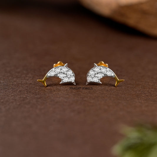 Natural Diamonds Dolphin Earring | Solid 18k Yellow Gold Fish Earring | Handmade Minimalist Jewelry Best Gift for her | Fine Jewelry NP1246