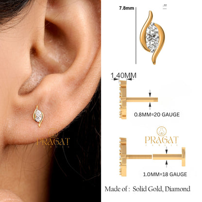 Elegant Diamond Leaf Gold Stud Earring/Minimalist Diamond Leaf Gold Stud