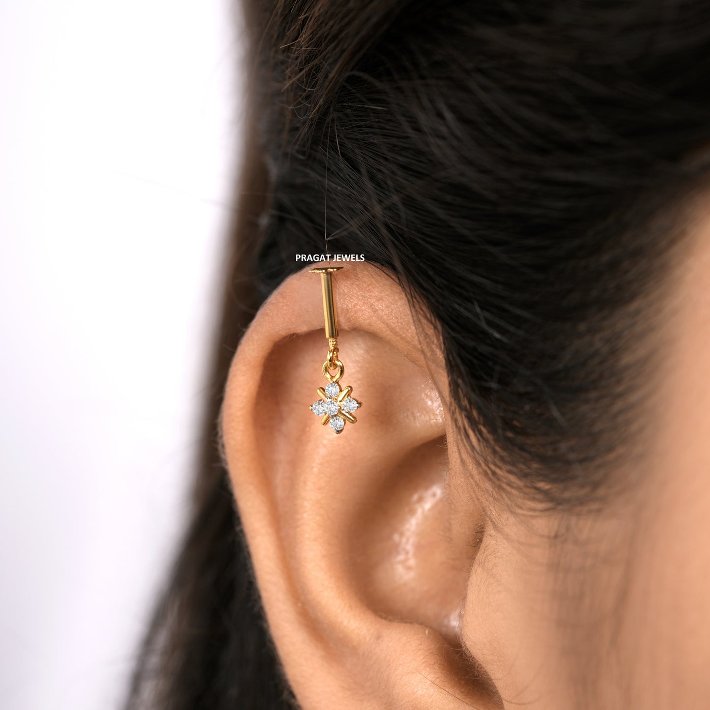 "18K Gold Diamond Helix Bugadi | Round Cluster Diamond  Earrings| Dainty  Earrings Jewelry for Women |NP0070