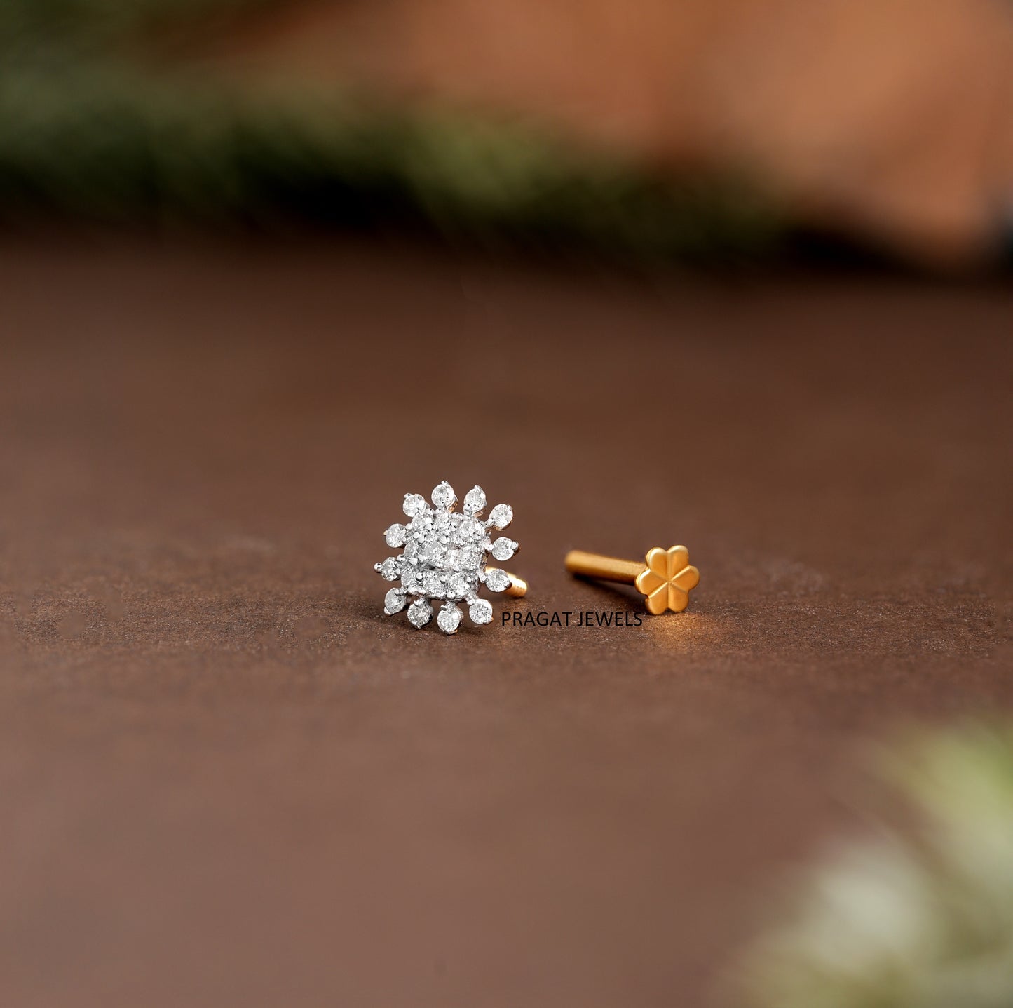 Natural Diamond Flower Stud for Nose Tragus Lobe Conch,  Gold Diamond Cluster nosepin NP0692
