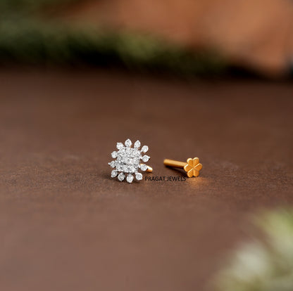Natural Diamond Flower Stud for Nose Tragus Lobe Conch,  Gold Diamond Cluster nosepin NP0692