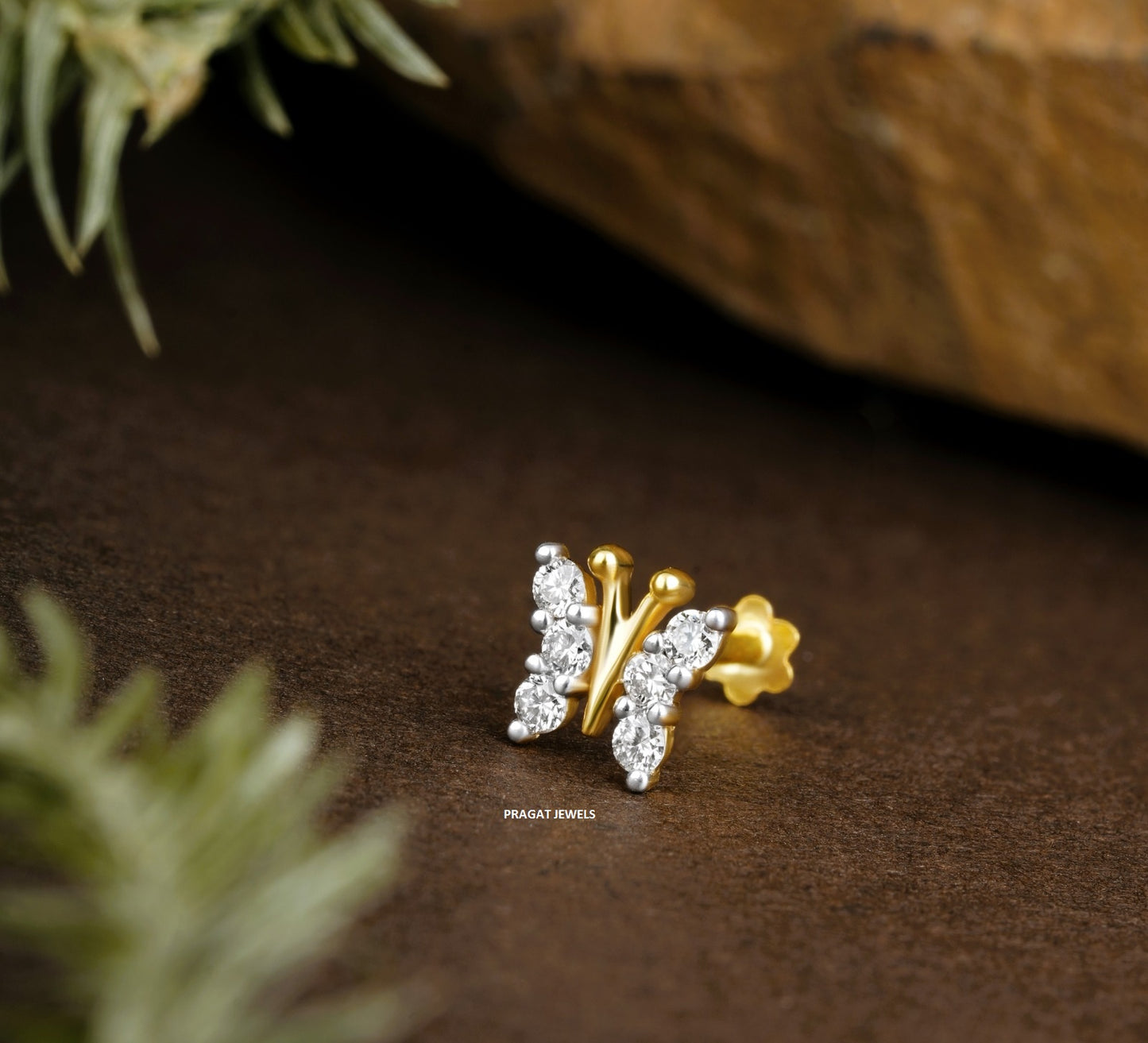 Twilight Butterfly 18KT Gold & Diamond Stud Nosepin  for women Gift for The Percious One. - PRAGAT JEWELS
