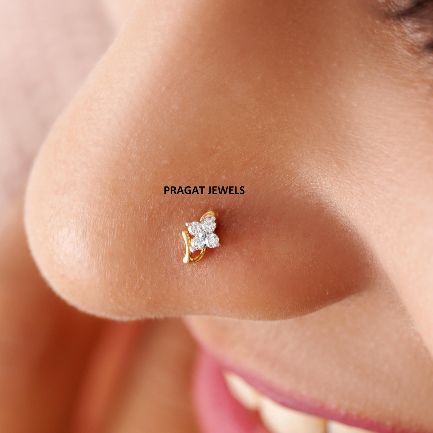 Solitaire Yellow Gold 4 Natural Diamonds Stud Ladie's Engagement nosepin - PRAGAT JEWELS