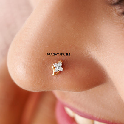 Solitaire Yellow Gold 4 Natural Diamonds Stud Ladie's Engagement nosepin - PRAGAT JEWELS