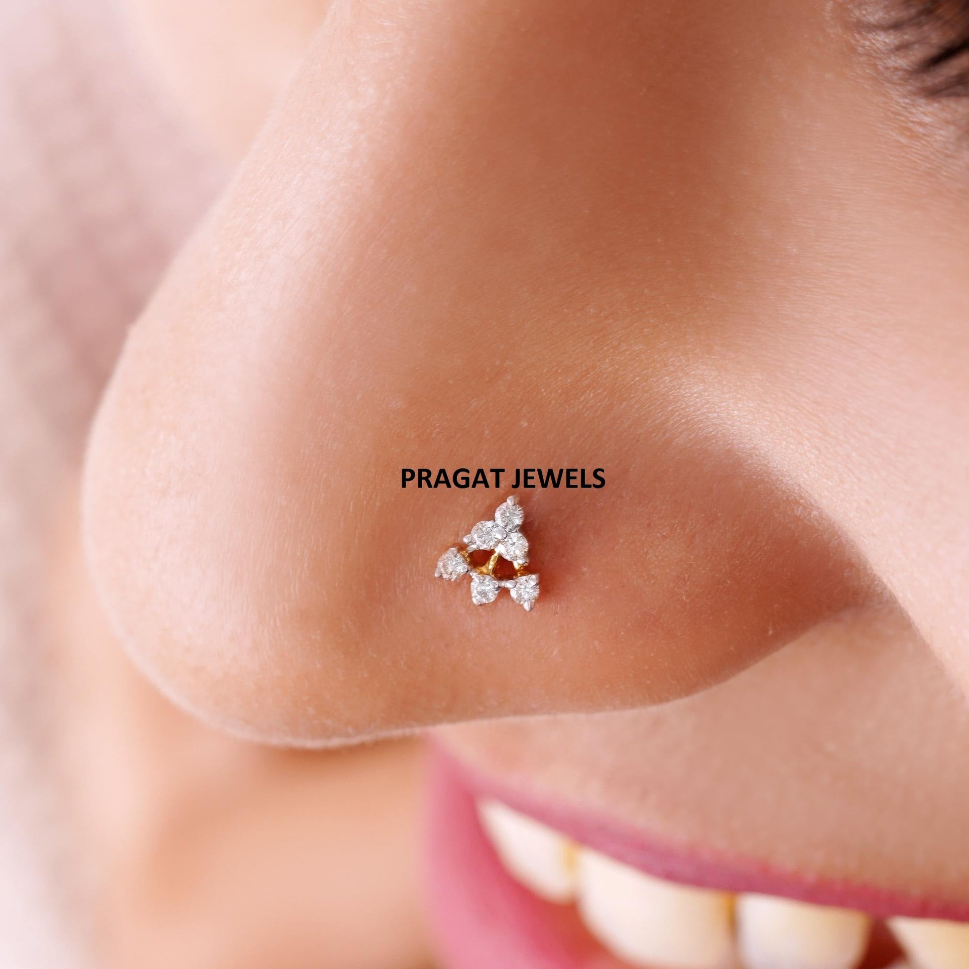 CrossOver Flower's 18K Gold Nosepin with 7 Natural Diamonds Floral Design Diamond Stud Nose Ring for Women Yellow Gold With ,Handcrafted With Love. - PRAGAT JEWELS