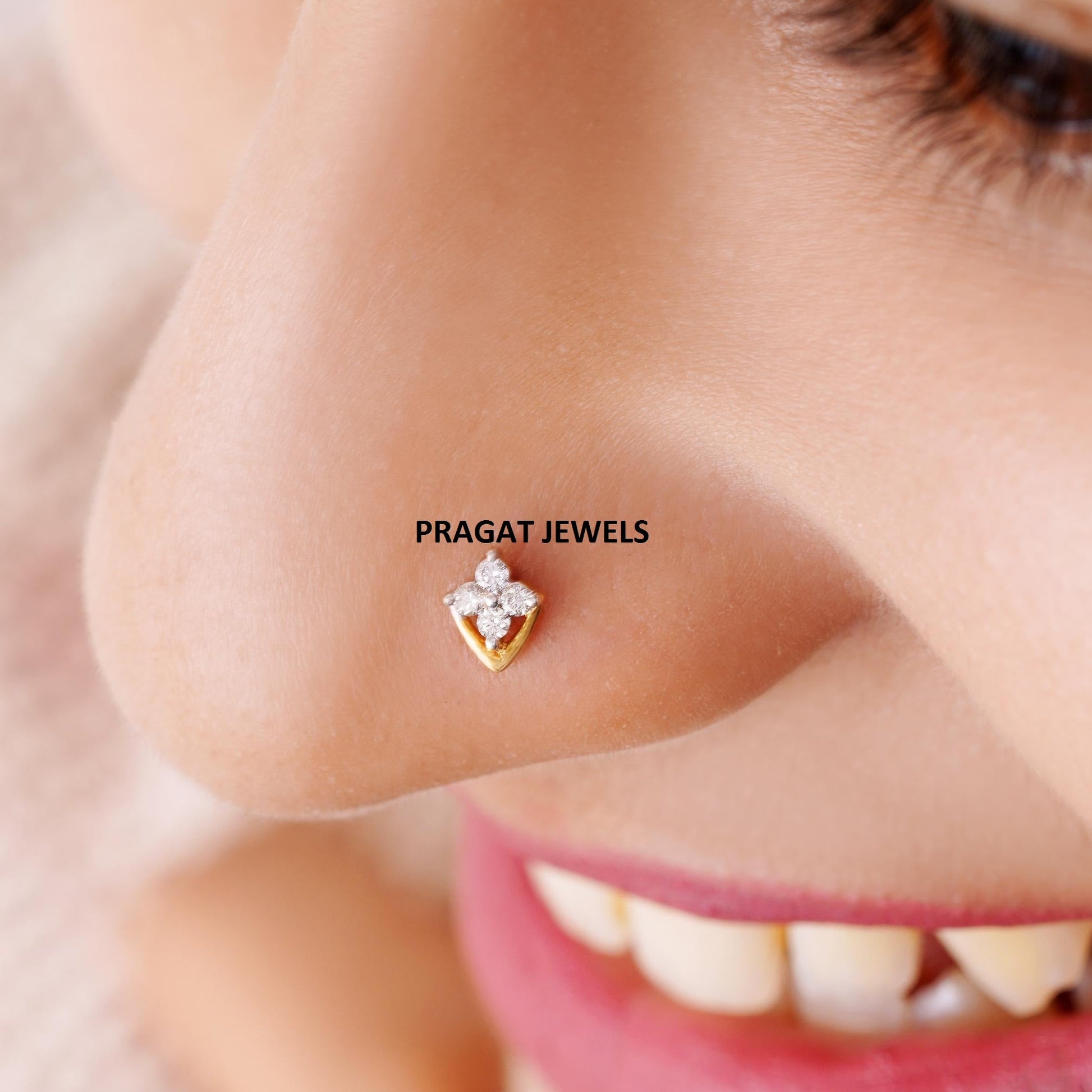 18K Gold Nosepin with 4 Natural Diamonds – Floral Design Diamond Stud Nose Ring for Women - PRAGAT JEWELS