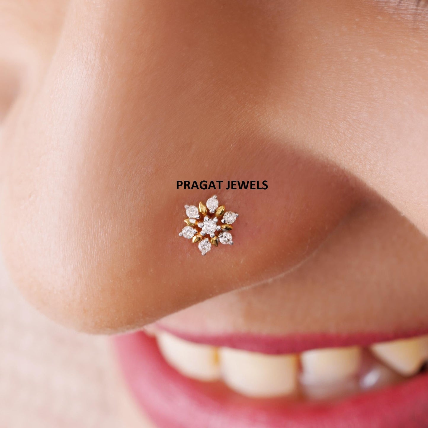 18K Gold Nose Pin with 7 Natural Diamonds – Floral Stud Design | Elegant Nose Jewelry for Women - PRAGAT JEWELS