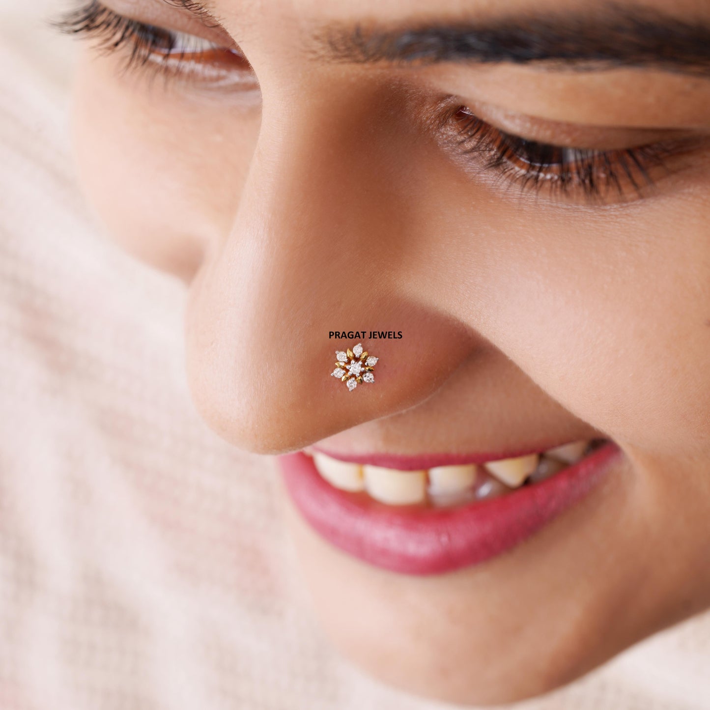 Gold Nose Pin with 7 Natural Diamonds – Floral Stud Design | Elegant Nose Jewelry for Women NP0773