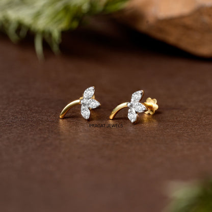 Diamond Leaf Drop Stud Earrings/Petite Floral Diamond Stud/Golden Stem Diamond Studs NP0851