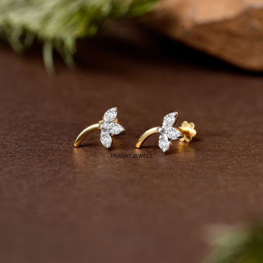 Diamond Leaf Drop Stud Earrings/Petite Floral Diamond Stud/Golden Stem Diamond Studs NP0851