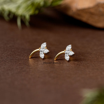 Diamond Leaf Drop Stud Earrings/Petite Floral Diamond Stud/Golden Stem Diamond Studs NP0851