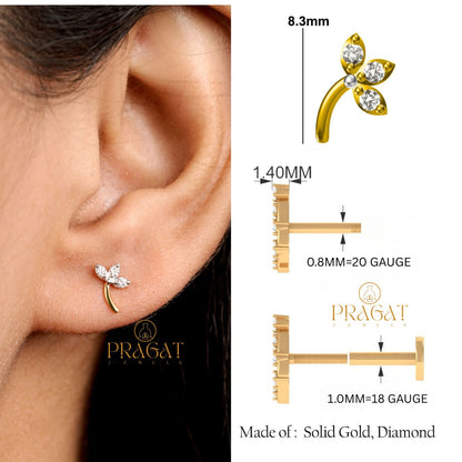 Diamond Leaf Drop Stud Earrings/Petite Floral Diamond Stud/Golden Stem Diamond Studs NP0851