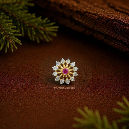 Ruby Blossom Diamond Gold Nose Pin/Crimson Bloom Floral Nose Stud/Ruby Sunflower Diamond Nose Pin/NP0336
