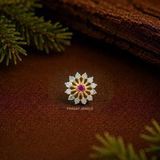 Ruby Blossom Diamond Gold Nose Pin/Crimson Bloom Floral Nose Stud/Ruby Sunflower Diamond Nose Pin/NP0336