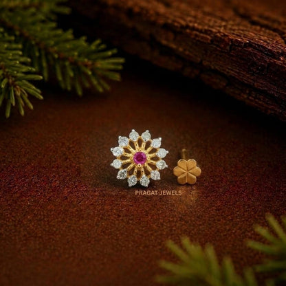 Ruby Blossom Diamond Gold Nose Pin/Crimson Bloom Floral Nose Stud/Ruby Sunflower Diamond Nose Pin/NP0336