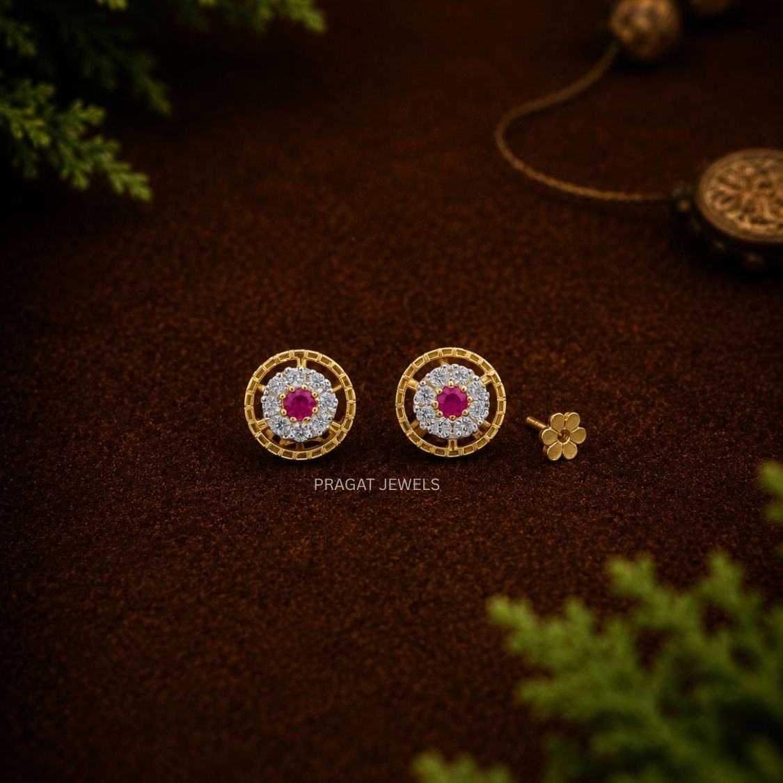 Classic Ruby Stone Gold Flower Stud Earrings/Traditional Gold Ruby Round Stud Earrings/Floral Ruby Gold Everyday Stud Earrings/NP1025