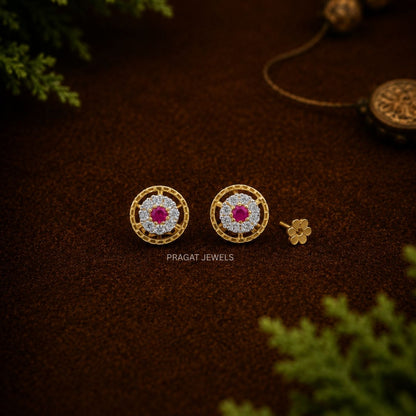 Classic Ruby Stone Gold Flower Stud Earrings/Traditional Gold Ruby Round Stud Earrings/Floral Ruby Gold Everyday Stud Earrings/NP1025