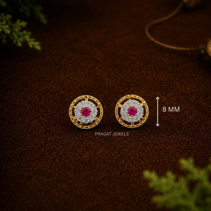 Classic Ruby Stone Gold Flower Stud Earrings/Traditional Gold Ruby Round Stud Earrings/Floral Ruby Gold Everyday Stud Earrings/NP1025