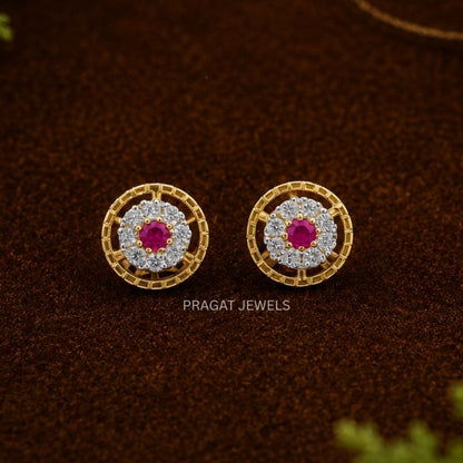 Classic Ruby Stone Gold Flower Stud Earrings/Traditional Gold Ruby Round Stud Earrings/Floral Ruby Gold Everyday Stud Earrings/NP1025