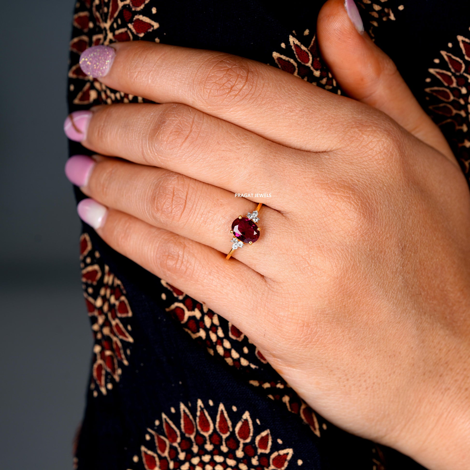 Pink Stone Solitaire Yellow Gold Brillant Cut Diamond Stud Ladie's Engagement Ring, Hand crafted with love - PRAGAT JEWELS