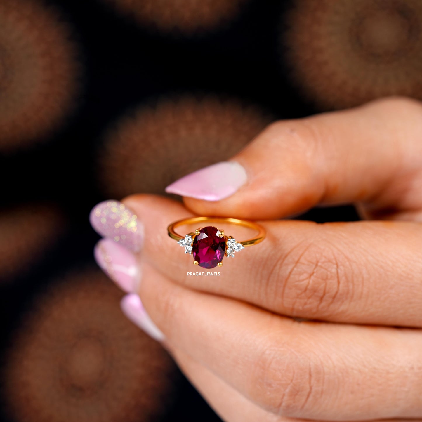 Pink Stone Solitaire Yellow Gold Brillant Cut Diamond Stud Ladie's Engagement Ring, Hand crafted with love - PRAGAT JEWELS