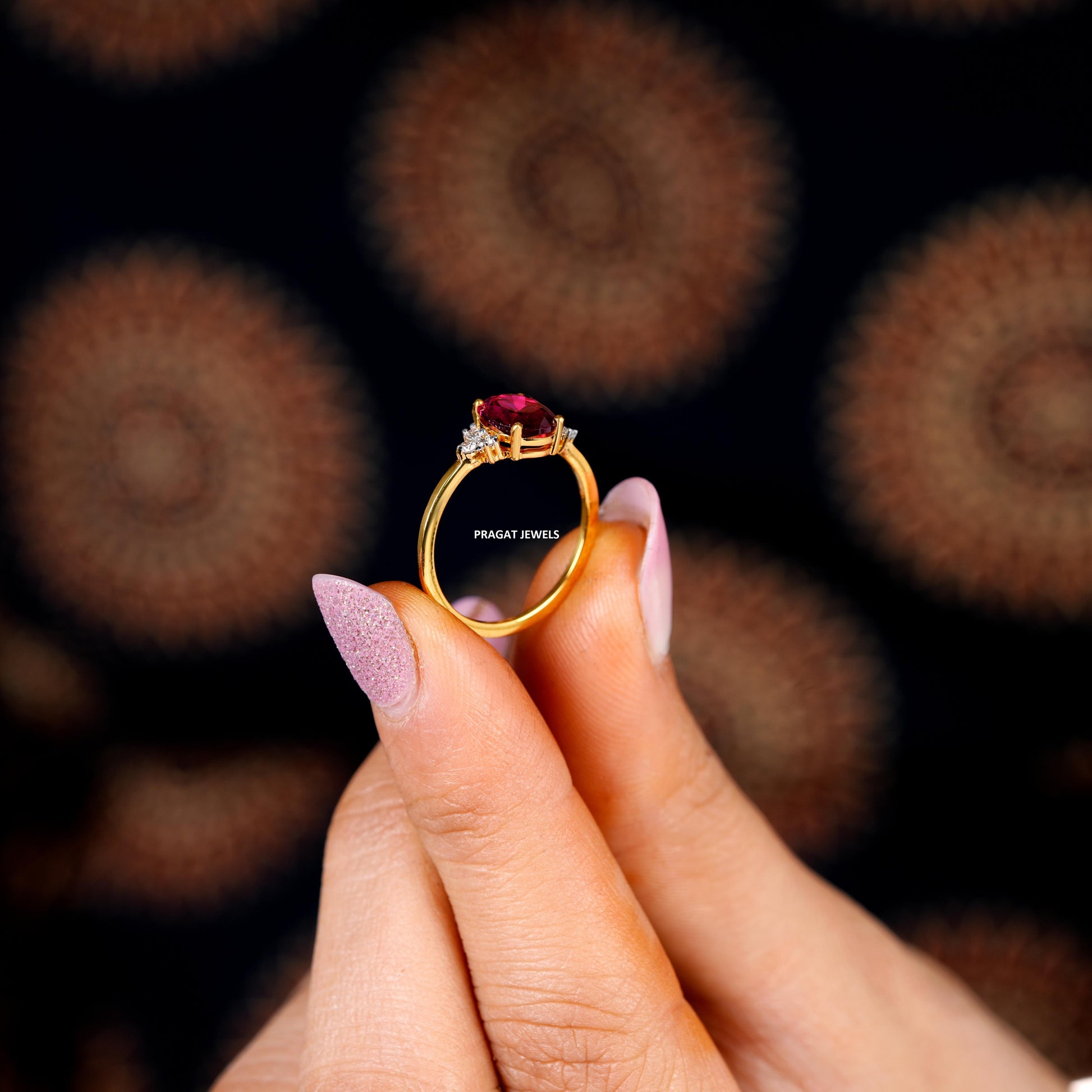 Pink Stone Solitaire Yellow Gold Brillant Cut Diamond Stud Ladie's Engagement Ring, Hand crafted with love - PRAGAT JEWELS
