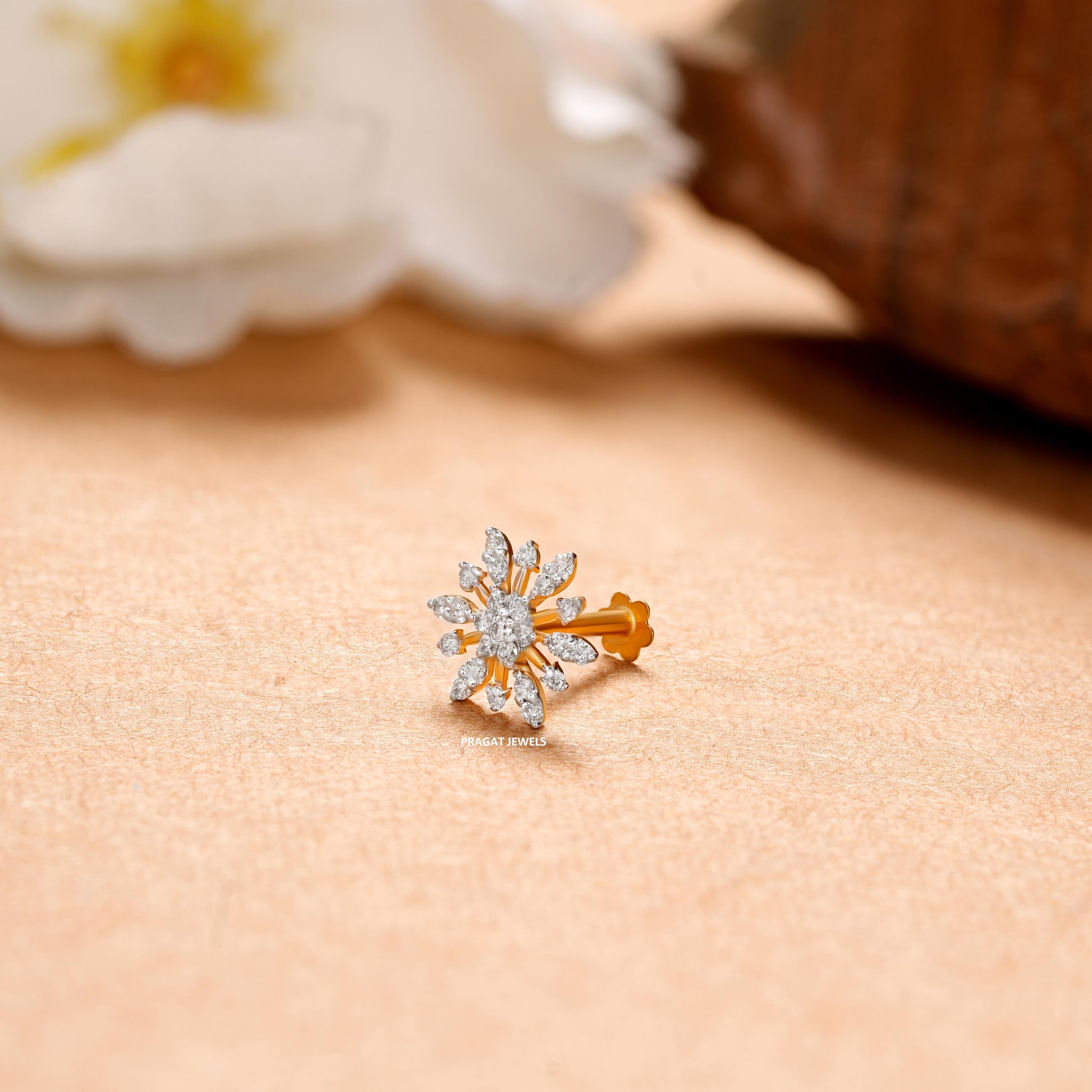 Traditional Nakfool Diamond Nosepin Solitaire Yellow Gold Brillant Cut Diamond Hand crafted with love - PRAGAT JEWELS