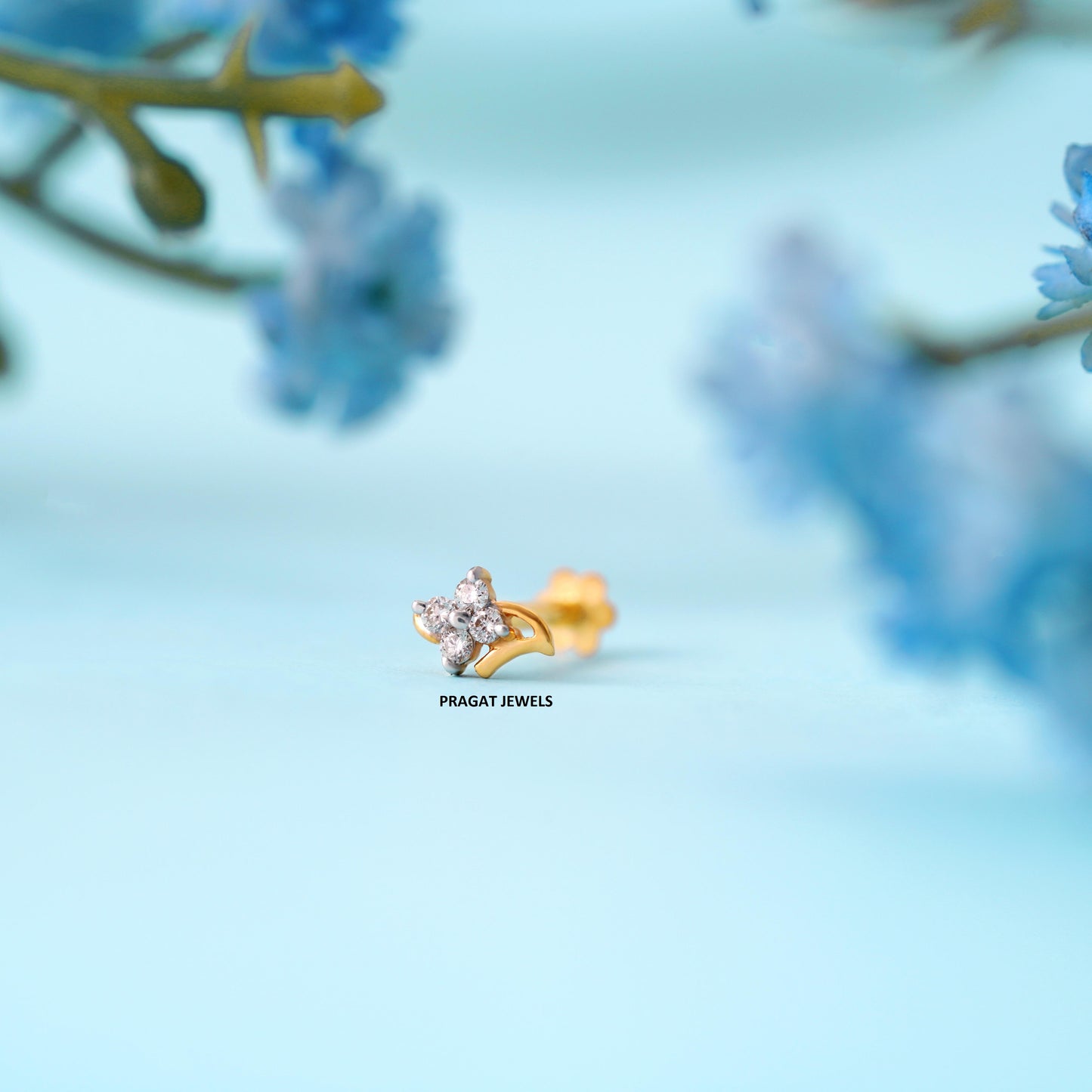 Solitaire Yellow Gold 4 Natural Diamonds Stud Ladie's Engagement nosepin - PRAGAT JEWELS
