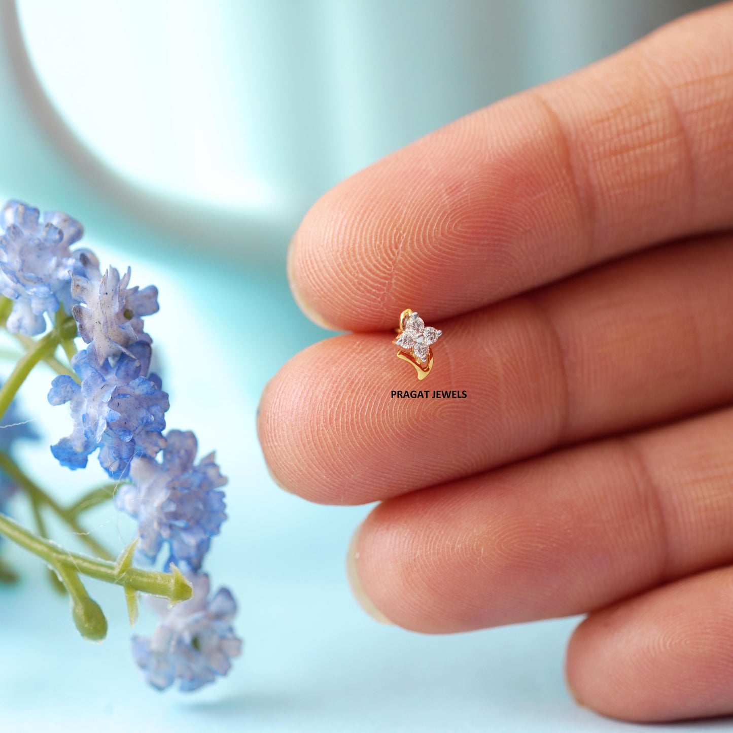 Solitaire Yellow Gold 4 Natural Diamonds Stud Ladie's Engagement nosepin - PRAGAT JEWELS
