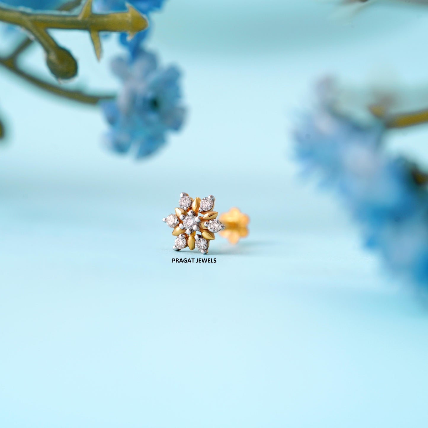 18K Gold Nose Pin with 7 Natural Diamonds – Floral Stud Design | Elegant Nose Jewelry for Women - PRAGAT JEWELS