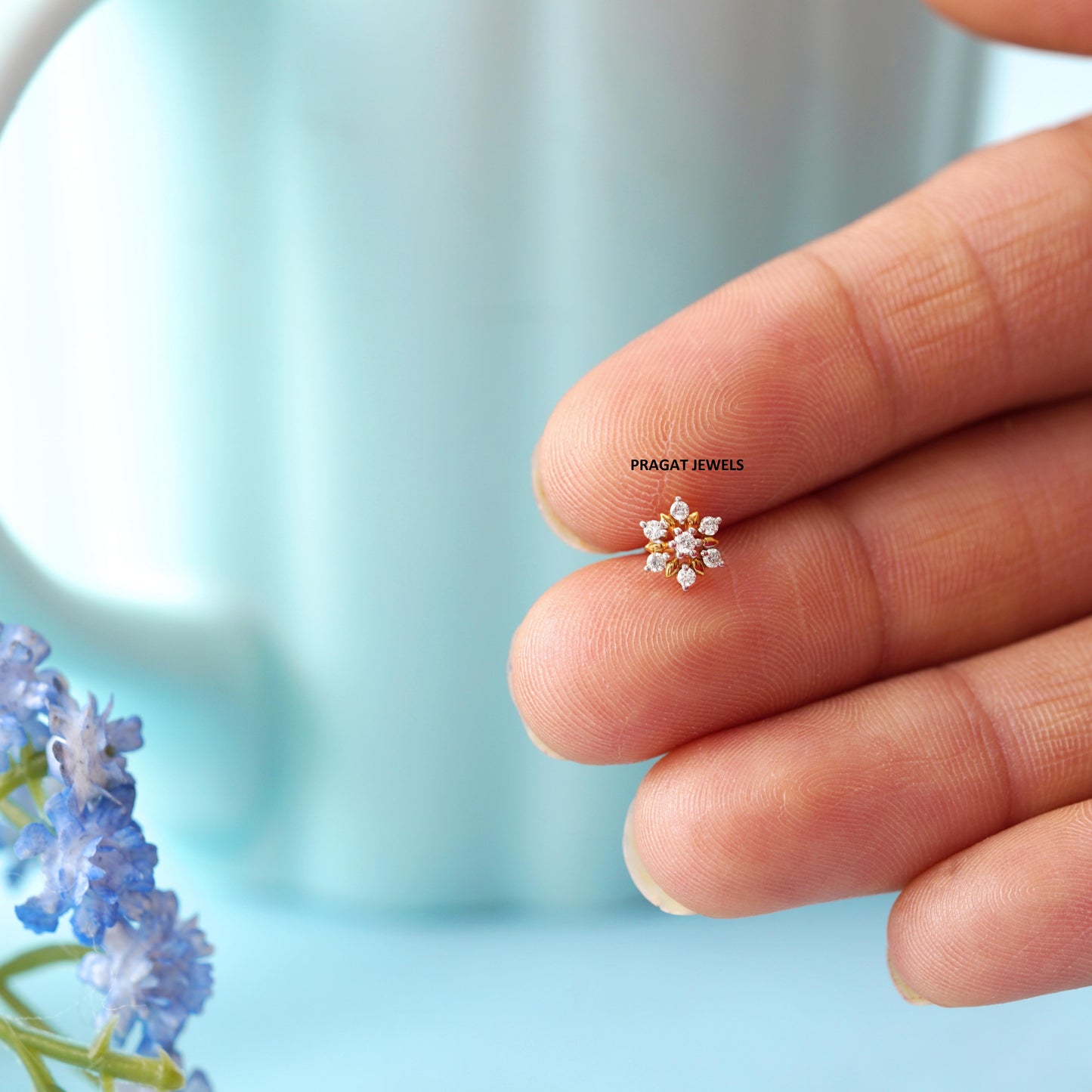 18K Gold Nose Pin with 7 Natural Diamonds – Floral Stud Design | Elegant Nose Jewelry for Women - PRAGAT JEWELS