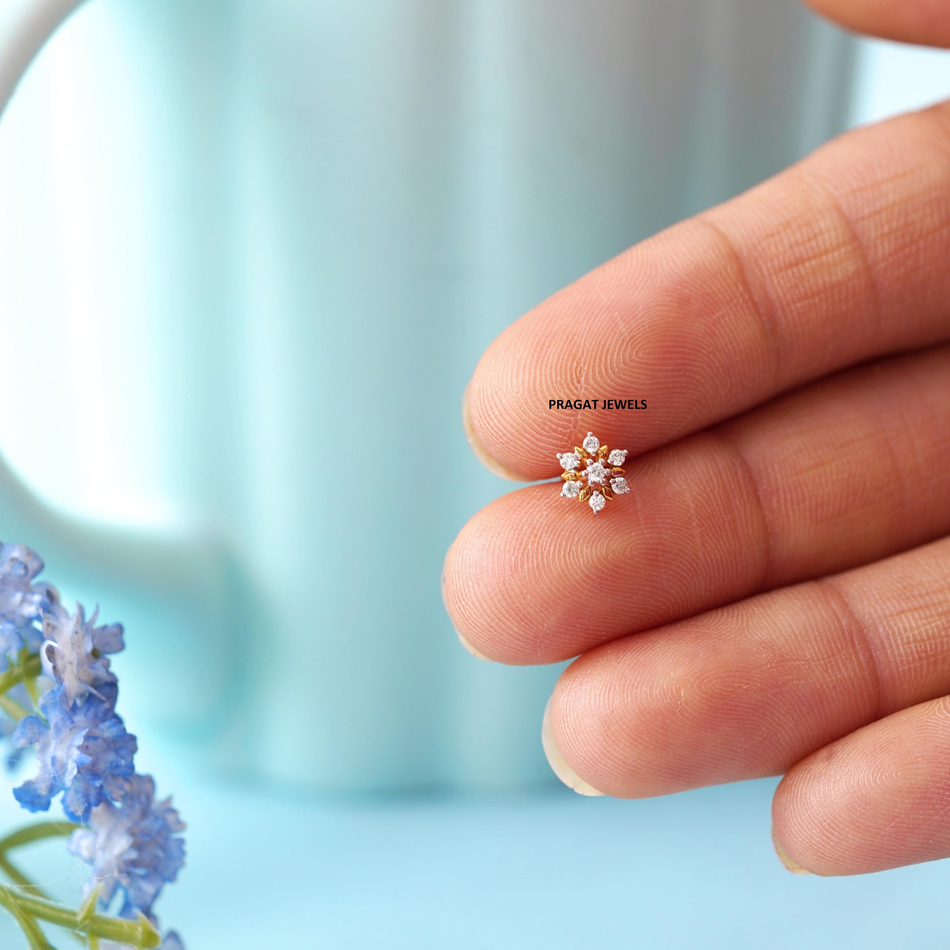 18K Gold Nose Pin with 7 Natural Diamonds – Floral Stud Design | Elegant Nose Jewelry for Women - PRAGAT JEWELS