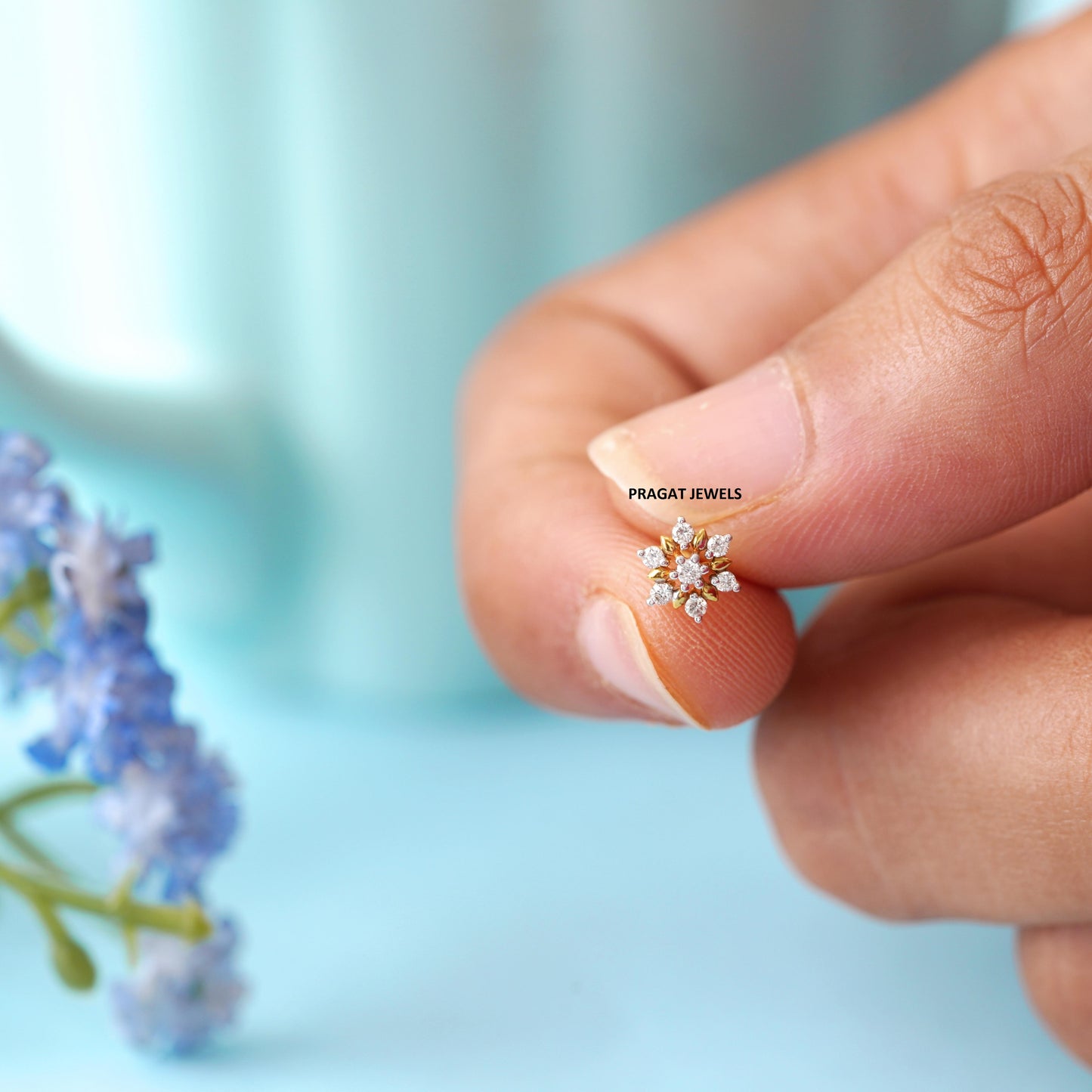 18K Gold Nose Pin with 7 Natural Diamonds – Floral Stud Design | Elegant Nose Jewelry for Women - PRAGAT JEWELS