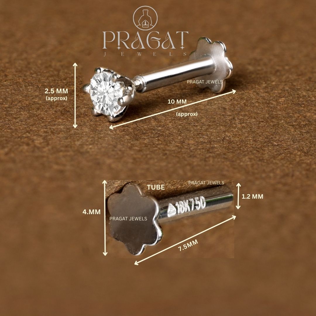 White Gold Single Diamond Nosepin/Andi Elegant Nose Jewelry for Women Gift  For The Real Diamond Nosestud ,