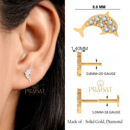 Natural Diamonds Dolphin Earring | Solid 18k Yellow Gold Fish Earring | Handmade Minimalist Jewelry Best Gift for her | Fine Jewelry NP1246