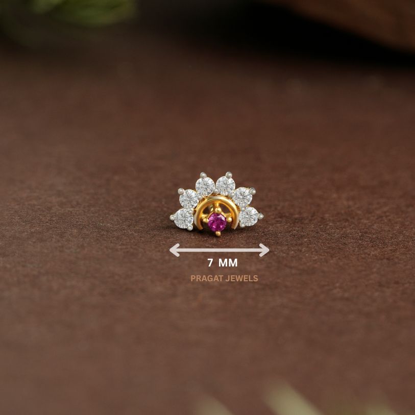 Ruby & Diamonds Bloom Gold Nose Stud/Floral Diamond Gold Nose Pin/Royal Ruby Floral Nose Pin/NP1320
