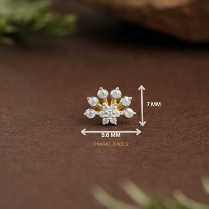 Royal Bloom Diamond Gold Nose Pin/Sunburst Diamond Nose Stud/Floral Crown Gold Nosepin/NP1344