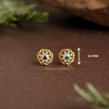 Ruby and green diamond cluster NosePin/“Golden Daisy Charm” Gold Nose Pin/“Floral Twinkle” Gold Nose Pin/NP0894
