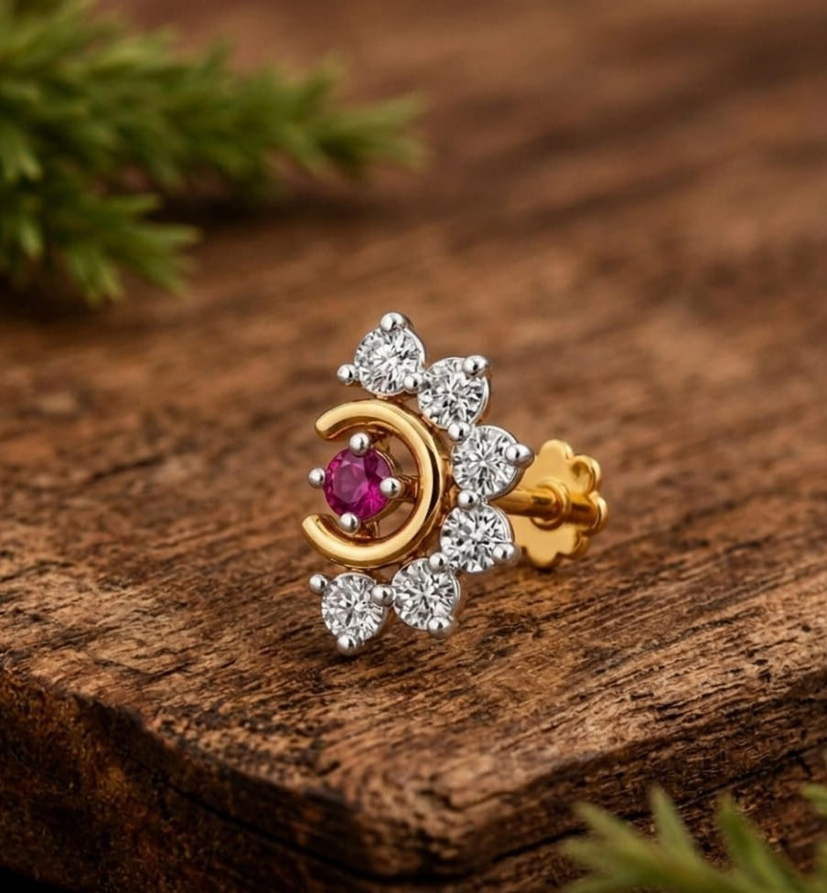Ruby & Diamonds Bloom Gold Nose Stud/Floral Diamond Gold Nose Pin/Royal Ruby Floral Nose Pin/NP1320