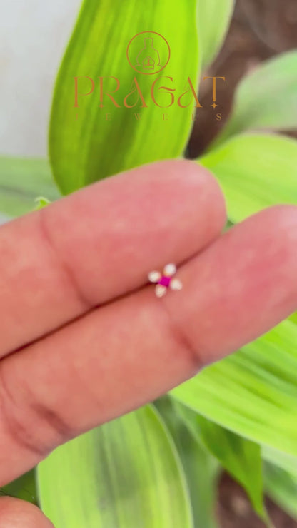 Yellow Gold Floral Red Diamond Nose Pin/Ruby Stone Nose stud NP0770